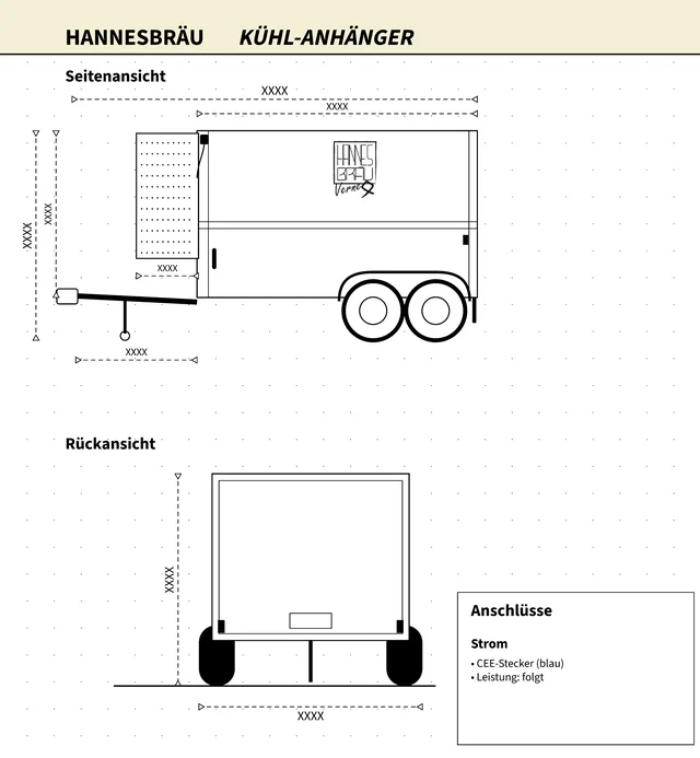 Zeichnung des HannesBräu Kühl-Anhängers: Seitenansicht und Rückansicht, dazu die Anschlüsse (Strom über blauen CEE-Stecker). Maße und Leistung folgen noch.